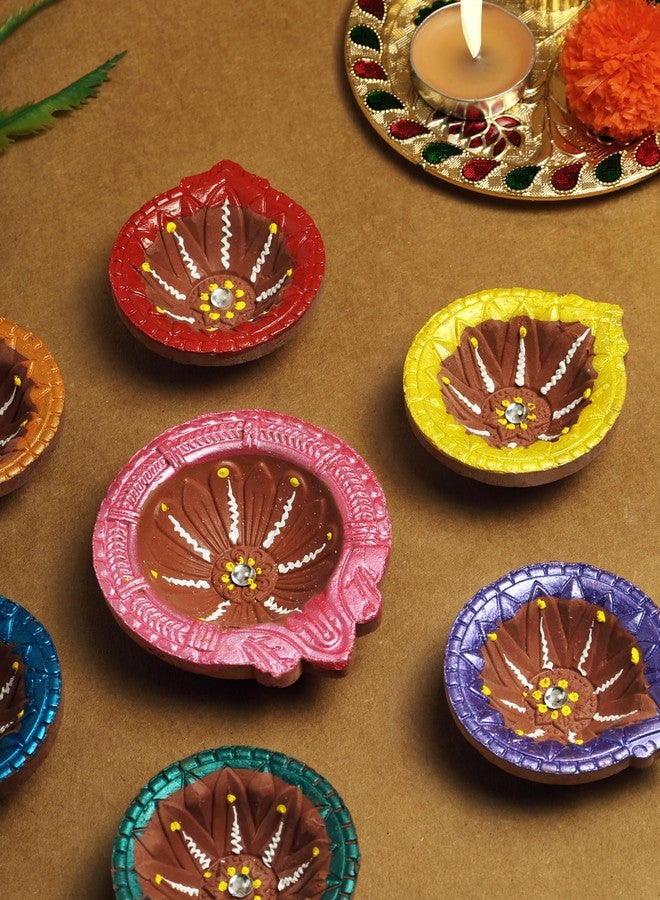 TrendBell TRBD7-05 Handmade Multicolor Clay Diya Set of 7 for Navratri & Diwali Decorations Tea Light Holder Indian Festival Decor - Image 3